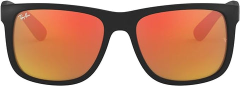 RAY-BAN JUSTIN RECTANGULAR SUNGLASSES, RUBBER BLACK/BROWN MIRRORED ORANGE, RB4165 51