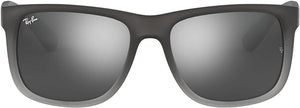 RAY-BAN JUSTIN RECTANGULAR SUNGLASSES, RUBBER GREY ON CLEAR GREY/GREY MIRRORED SILVER GRADIENT, RB4165 55