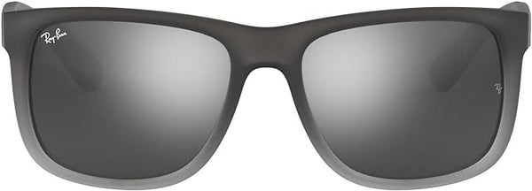 RAY-BAN JUSTIN RECTANGULAR SUNGLASSES, RUBBER GREY ON CLEAR GREY/GREY MIRRORED SILVER GRADIENT, RB4165 55