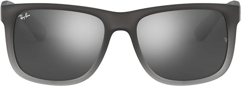 RAY-BAN JUSTIN RECTANGULAR SUNGLASSES, RUBBER GREY ON CLEAR GREY/GREY MIRRORED SILVER GRADIENT, RB4165 55