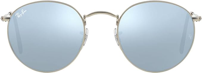 RAY-BAN ROUND METAL SUNGLASSES, MATTE SILVER/LIGHT GREEN MIRRORED SILVER, RB3447 50