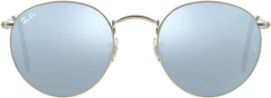 RAY-BAN ROUND METAL SUNGLASSES, MATTE SILVER/LIGHT GREEN MIRRORED SILVER, RB3447 50