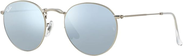 RAY-BAN ROUND METAL SUNGLASSES, MATTE SILVER/LIGHT GREEN MIRRORED SILVER, RB3447 50