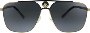 VERSACE VE 2238 143687 GOLD/MATTE BLACK METAL RECTANGLE SUNGLASSES GREY LENS, 61