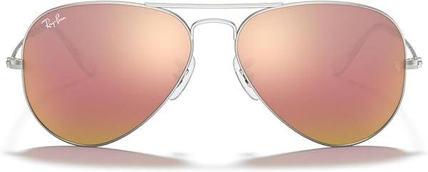 RAY-BAN CLASSIC AVIATOR SUNGLASSES, MATTE SILVER/LIGHT BROWN MIRRORED PINK, RB3025 55