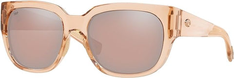 COSTA DEL MAR WOMENS WATERWOMAN RECTANGULAR SUNGLASSES, SHINY BLONDE CRYSTAL/COPPER SILVER MIRRORED POLARIZED-580P, 55