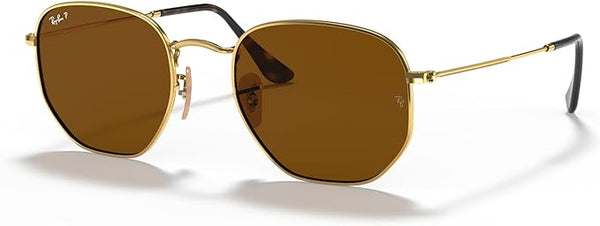 RAY-BAN HEXAGONAL FLAT LENS SUNGLASSES, GOLD/POLARIZED B-15 BROWN, RB3548N 51