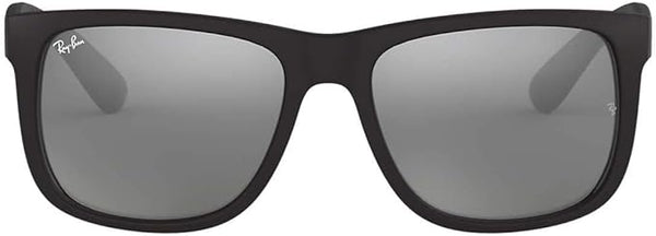 RAY-BAN JUSTIN RECTANGULAR SUNGLASSES, RUBBER BLACK/GREY MIRRORED SILVER, RB4165 55