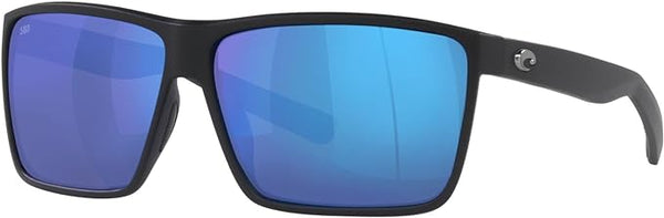 COSTA DEL MAR MENS RINCON FISHING AND WATERSPORTS RECTANGULAR SUNGLASSES, BLACK/POLARIZED BLUE MIRRORED 580G, 63