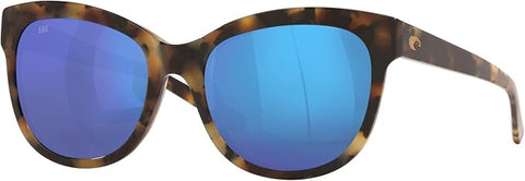 COSTA DEL MAR WOMENS BIMINI SQUARE SUNGLASSES, SHINY VINTAGE TORTOISE/GREY BLUE MIRRORED POLARIZED-580G, 54