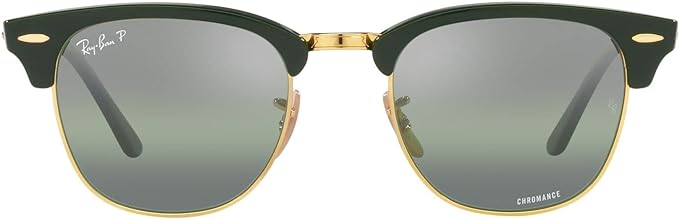 RAY-BAN CLUBMASTER SQUARE SUNGLASSES, GREEN ON GOLD/DARK GREEN MIRRORED POLARIZED, RB3016 55