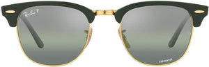 RAY-BAN CLUBMASTER SQUARE SUNGLASSES, GREEN ON GOLD/DARK GREEN MIRRORED POLARIZED, RB3016 55