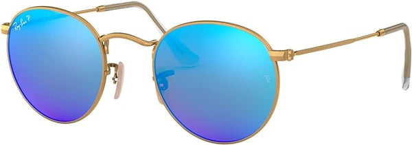 RAY-BAN ROUND METAL SUNGLASSES, MATTE GOLD/POLARIZED BLUE MIRROR, RB3447 53