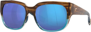 COSTA DEL MAR WOMENS WATERWOMAN RECTANGULAR SUNGLASSES, SHINY WAHOO/BLUE MIRRORED POLARIZED-580G, 55