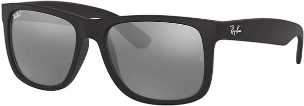 RAY-BAN JUSTIN RECTANGULAR SUNGLASSES, RUBBER BLACK/GREY MIRRORED SILVER, RB4165 55