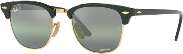 RAY-BAN CLUBMASTER SQUARE SUNGLASSES, GREEN ON GOLD/DARK GREEN MIRRORED POLARIZED, RB3016 55