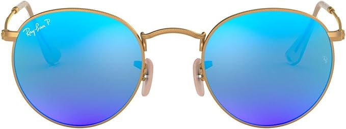 RAY-BAN ROUND METAL SUNGLASSES, MATTE GOLD/POLARIZED BLUE MIRROR, RB3447 53