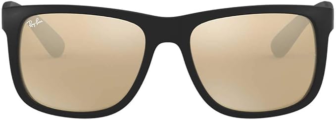 RAY-BAN JUSTIN RECTANGULAR SUNGLASSES, RUBBER BLACK/LIGHT BROWN MIRRORED DARK GOLD, RB4165 51