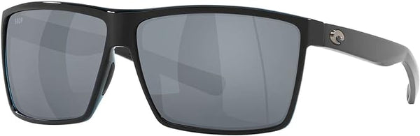 COSTA DEL MAR MENS RINCON FISHING AND WATERSPORTS RECTANGULAR SUNGLASSES, SHINY BLACK/GREY SILVER MIRRORED POLARIZED-580P, 63