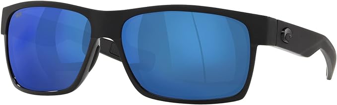 COSTA DEL MAR MENS HALF MOON RECTANGULAR SUNGLASSES, SHINY BLACK/MATTE BLACK FRAME/GREY BLUE MIRRORED POLARIZED-580P, 60