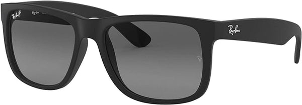 RAY-BAN JUSTIN RECTANGULAR SUNGLASSES, RUBBER BLACK/POLARIZED LIGHT GREY GRADIENT GREY, RB4165 55