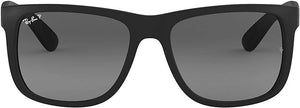 RAY-BAN JUSTIN RECTANGULAR SUNGLASSES, RUBBER BLACK/POLARIZED LIGHT GREY GRADIENT GREY, RB4165 55