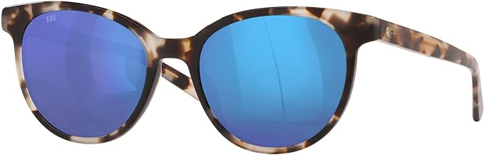 COSTA DEL MAR WOMENS ISLA ROUND SUNGLASSES, SHINY TIGER COWRIE/BLUE MIRRORED POLARIZED 580G, 53