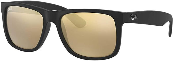 RAY-BAN JUSTIN RECTANGULAR SUNGLASSES, RUBBER BLACK/LIGHT BROWN MIRRORED DARK GOLD, RB4165 51