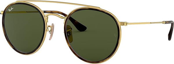 RAY-BAN DOUBLE BRIDGE ROUND SUNGLASSES, GOLD/G-15 GREEN, RB3647N 51