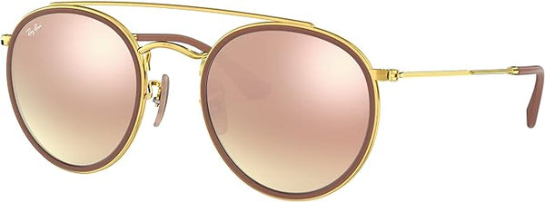 RAY-BAN DOUBLE BRIDGE ROUND SUNGLASSES, GOLD/BROWN GRADIENT MIRRORED PINK, RB3647N 51