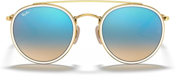 RAY-BAN DOUBLE BRIDGE ROUND SUNGLASSES, GOLD/BROWN GRADIENT MIRRORED BLUE, RB3647N 51