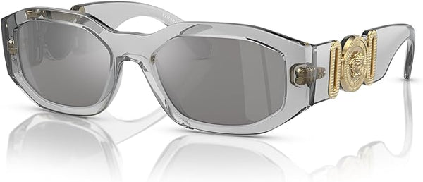 VERSACE MAN SUNGLASSES TRANSPARENT GREY FRAME, LIGHT GREY MIRROR SILVER LENSES, 53