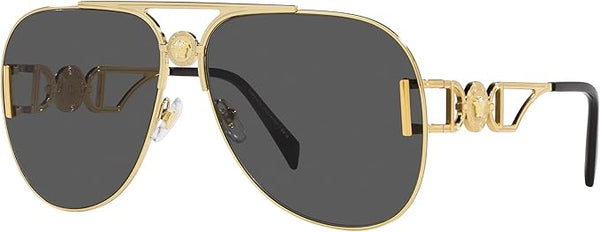 VERSACE UNISEX SUNGLASSES GOLD FRAME, DARK GREY LENSES, 63