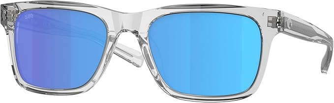 COSTA DEL MAR MENS TYBEE RECTANGULAR SUNGLASSES, SHINY LIGHT GREY CRYSTAL/BLUE MIRRORED POLARIZED -580G, 52