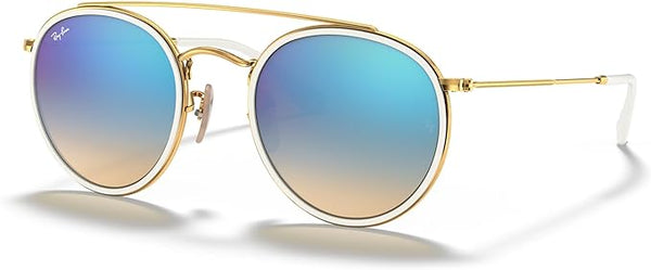 RAY-BAN DOUBLE BRIDGE ROUND SUNGLASSES, GOLD/BROWN GRADIENT MIRRORED BLUE, RB3647N 51