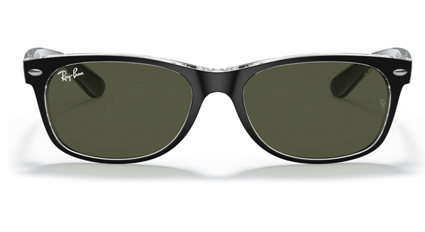 RAY-BAN MEN'S WAYFARER SQUARE SUNGLASSES, BLACK ON TRANSPARENT/G-15 GREEN, RB2132 52